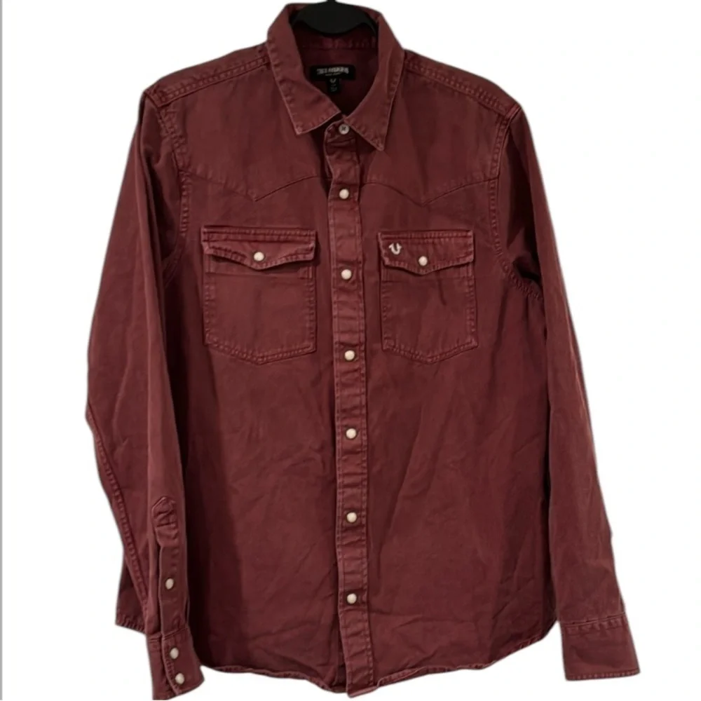 True Religion Overdyed Dark Burgundy Western Cotton Shirt Size Small
